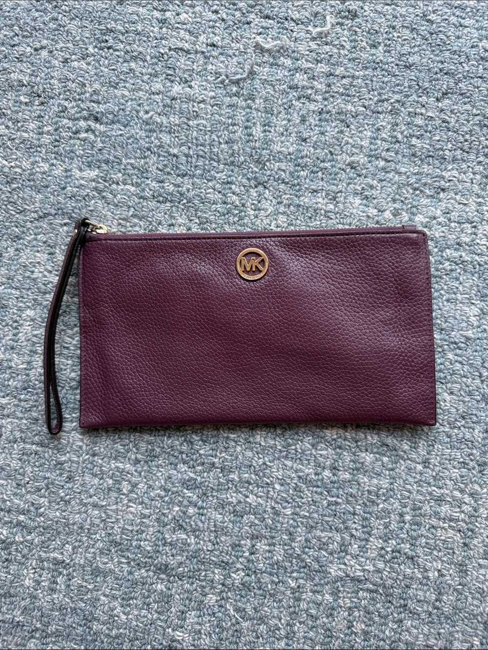 Michael Kors Plum Pebbled Leather Wristlet Clutch with Gold MK Logo